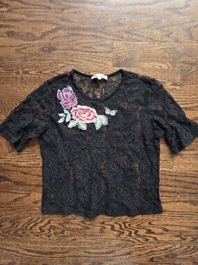 Love More Black Lace Short Sleeve Top Embroidered Roses & Butterfly